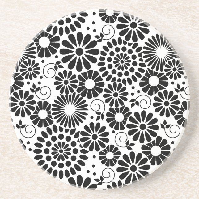 Retro Black and White Chic Folk Flowers Pattern Coaster (Front)