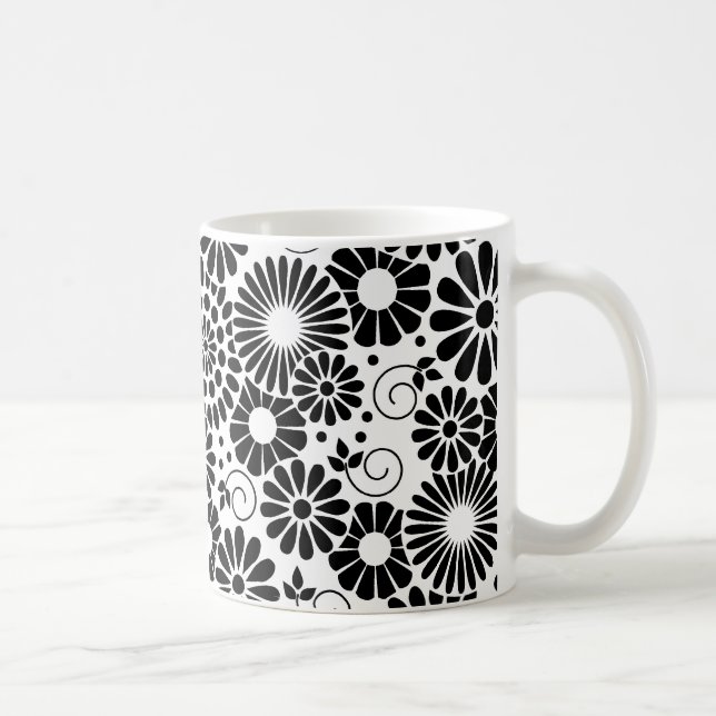 Retro Black and White Chic Folk Flowers Pattern Coffee Mug (Right)