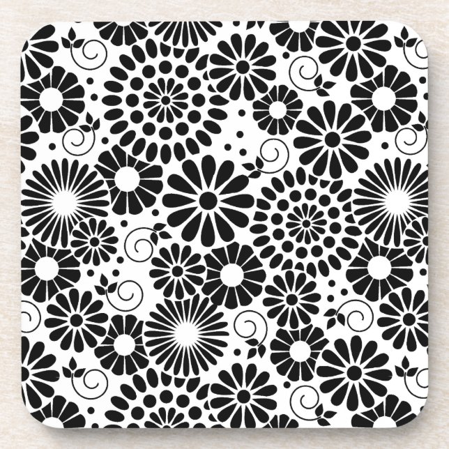 Retro Black and White Chic Folk Flowers Pattern Drink Coaster (Front)