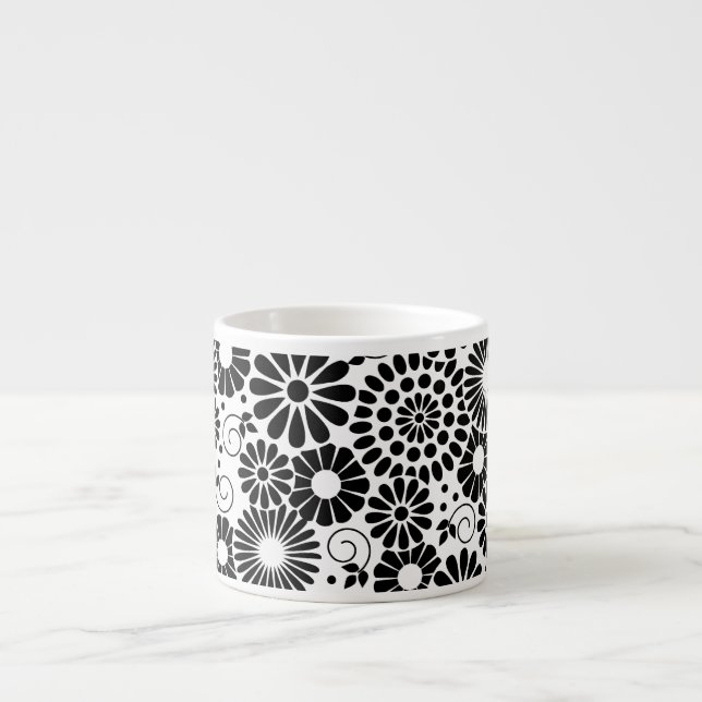 Retro Black and White Chic Folk Flowers Pattern Espresso Cup (Front)
