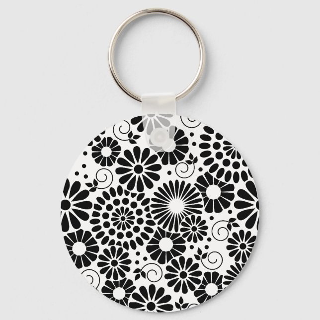Retro Black and White Chic Folk Flowers Pattern Keychain (Front)