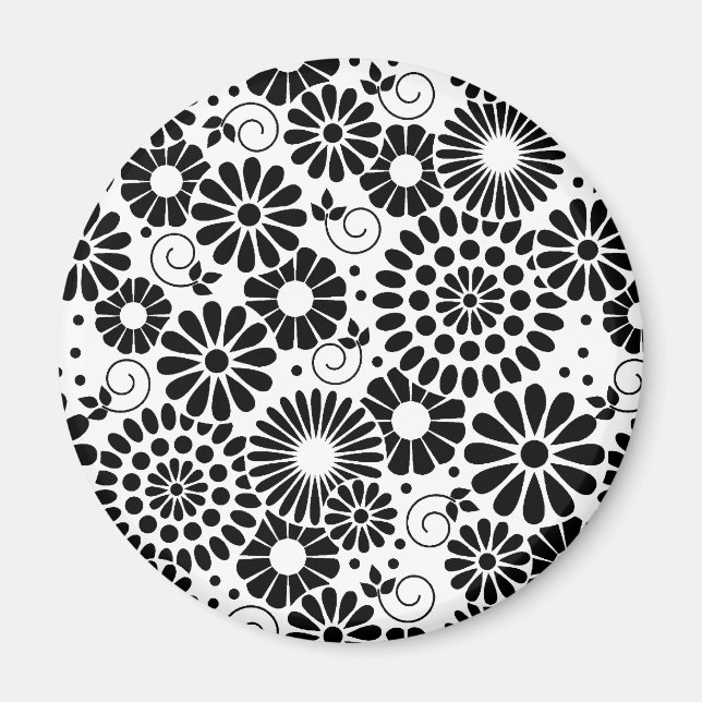 Retro Black and White Chic Folk Flowers Pattern Magnet (Front)