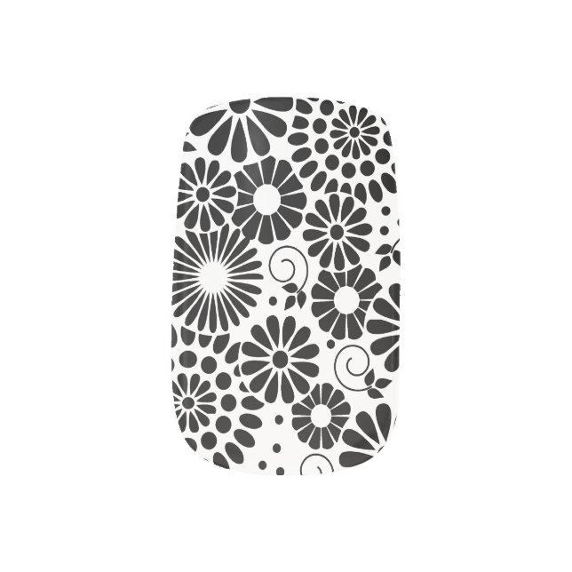 Retro Black and White Chic Folk Flowers Pattern Minx Nail Art (Left Thumb)