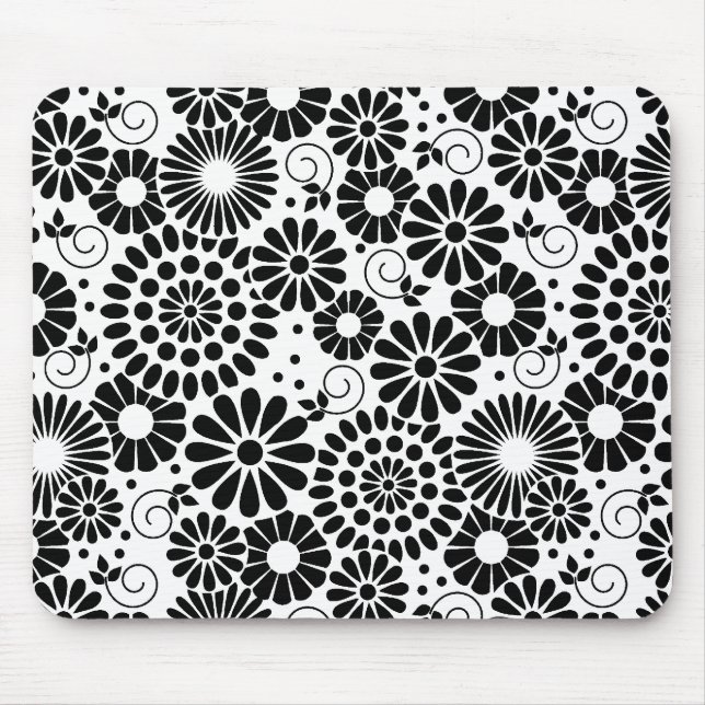 Retro Black and White Chic Folk Flowers Pattern Mouse Pad (Front)