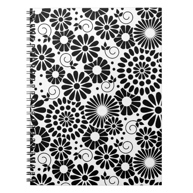Retro Black and White Chic Folk Flowers Pattern Notebook (Front)