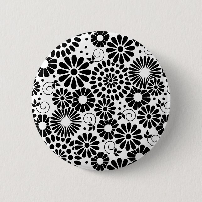Retro Black and White Chic Folk Flowers Pattern Pinback Button (Front)