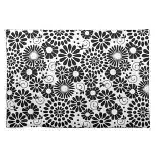 Retro Black and White Chic Folk Flowers Pattern Placemat