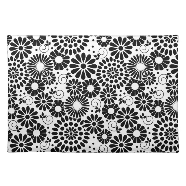Retro Black and White Chic Folk Flowers Pattern Placemat (Front)
