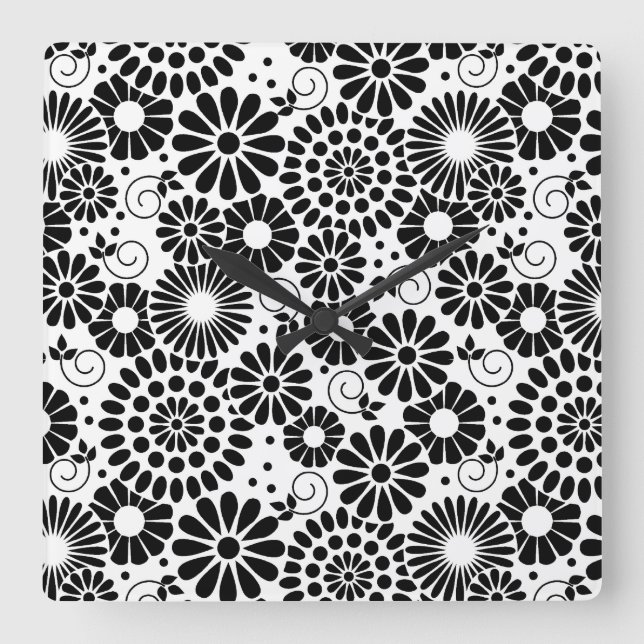 Retro Black and White Chic Folk Flowers Pattern Square Wall Clock (Front)