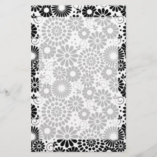 Retro Black and White Chic Folk Flowers Pattern Stationery
