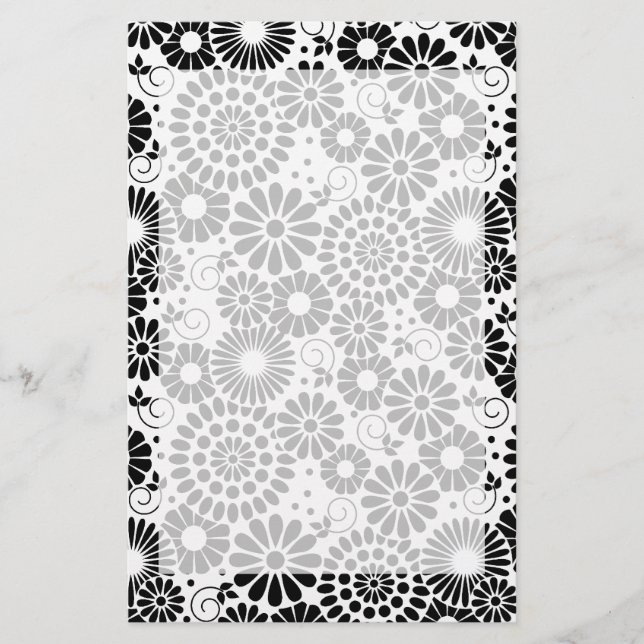 Retro Black and White Chic Folk Flowers Pattern Stationery (Front)