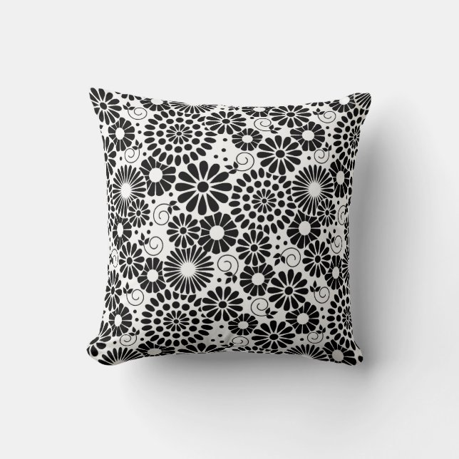 Retro Black and White Chic Folk Flowers Pattern Throw Pillow (Front)