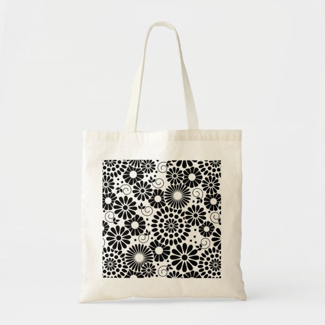 Retro Black and White Chic Folk Flowers Pattern Tote Bag (Front)