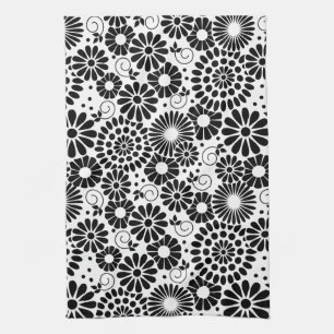 Retro Black and White Chic Folk Flowers Pattern Towel