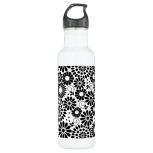 Retro Black and White Chic Folk Flowers Pattern Water Bottle