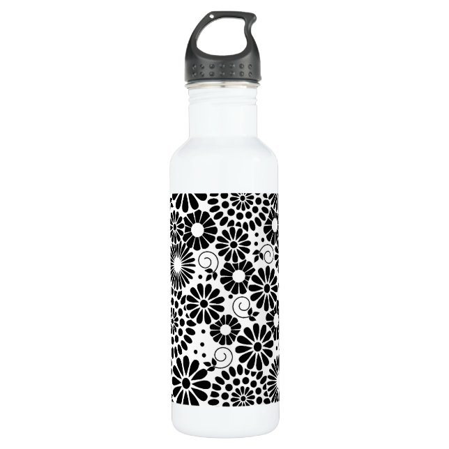 Retro Black and White Chic Folk Flowers Pattern Water Bottle (Front)