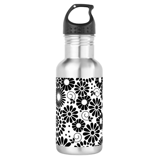Retro Black and White Chic Folk Flowers Pattern Water Bottle (Front)