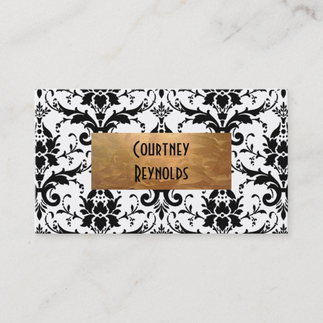 Retro Black and White Damask Pattern Copper Business Card (Front)