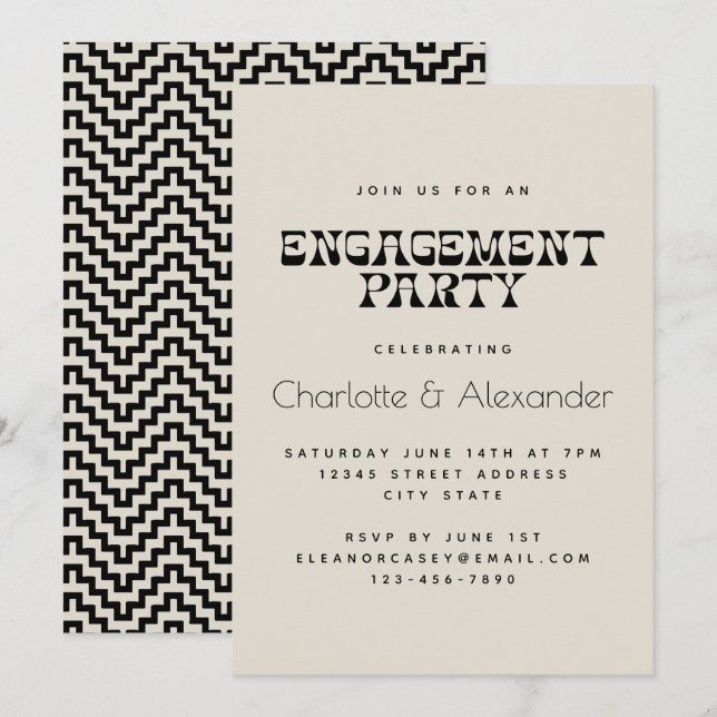 Retro Black and White Elegant Engagement Party Invitation (Front/Back)