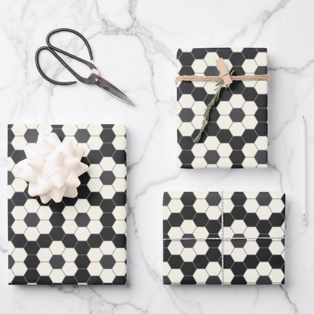 Retro Black and White Geometric Hexagon Tile Wrapping Paper Sheets (Front)