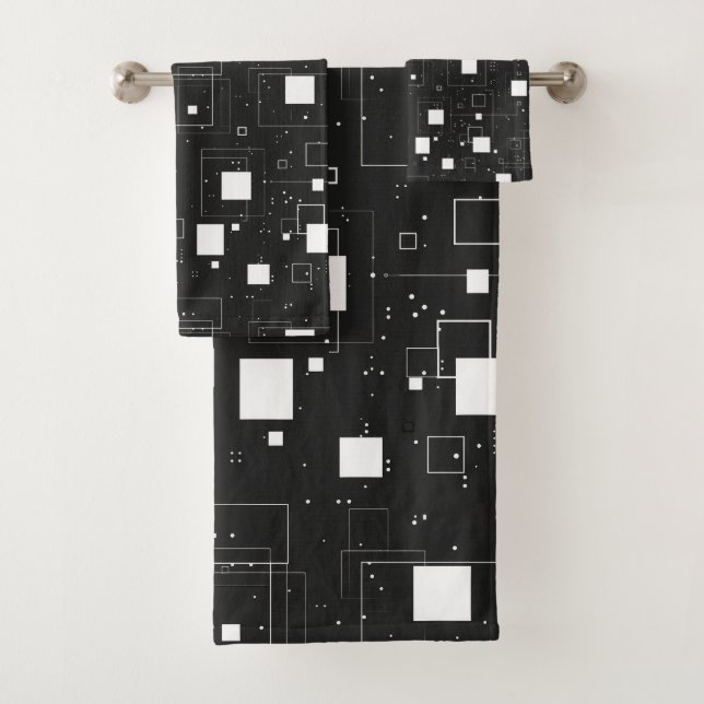 Retro Black and White Geometric Pattern Bath Towel Set (Insitu)