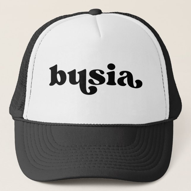 Retro Black and White Grandma Polish busia Trucker Hat (Front)