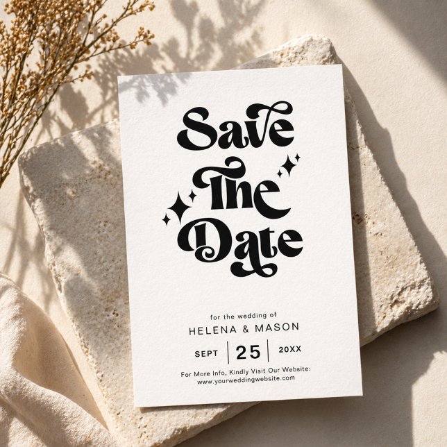 Retro Black and White Groovy Bold Script Wedding Save The Date (Creator Uploaded)