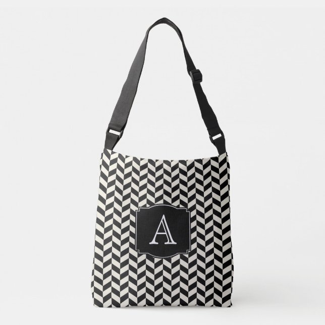 Retro Black and White Herringbone Pattern Crossbody Bag (Front)