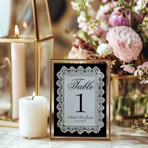 Retro Black And White Lace Wedding Table Number