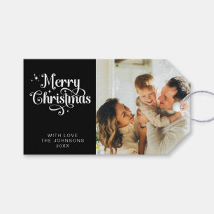 Retro Black and White Merry Christmas Family Photo Gift Tags