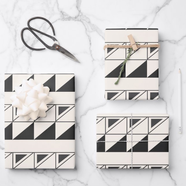 Retro Black and White Mid Mod Geometric Pattern Wrapping Paper Sheets (Front)