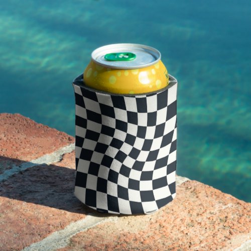 Retro Black And White Pastel Warped Checkerboard  Can Cooler