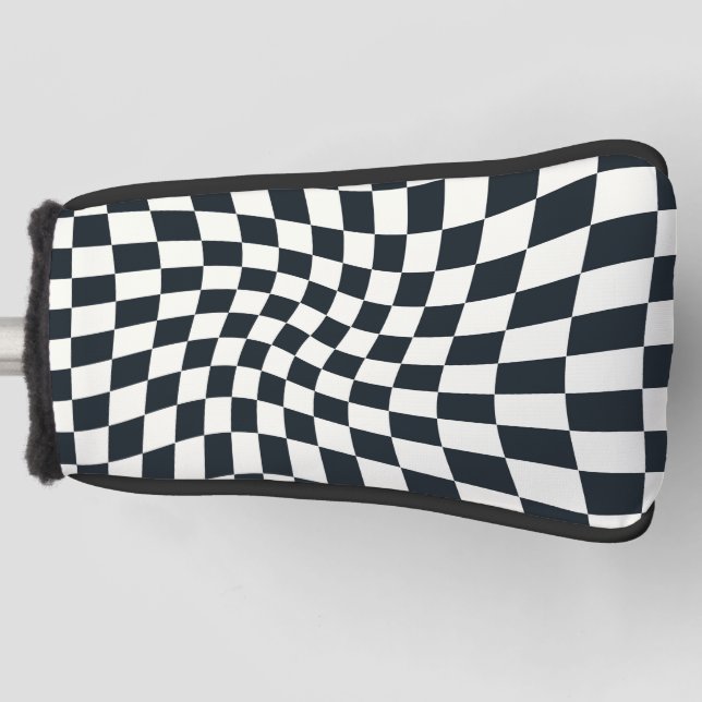 Retro Black And White Pastel Warped Checkerboard Golf Head Cover (Front)
