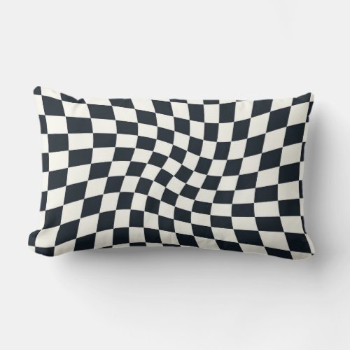 Retro Black And White Pastel Warped Checkerboard Lumbar Pillow