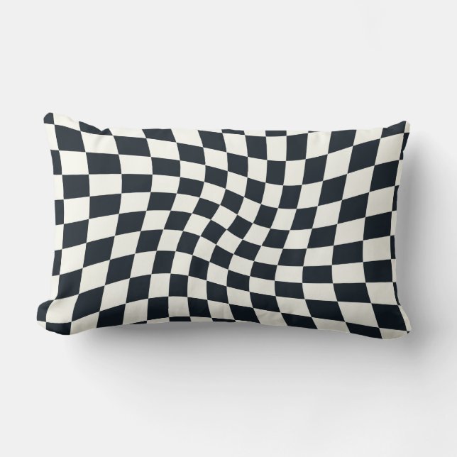 Retro Black And White Pastel Warped Checkerboard Lumbar Pillow (Front)