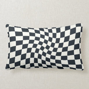 Retro Black And White Pastel Warped Checkerboard Lumbar Pillow