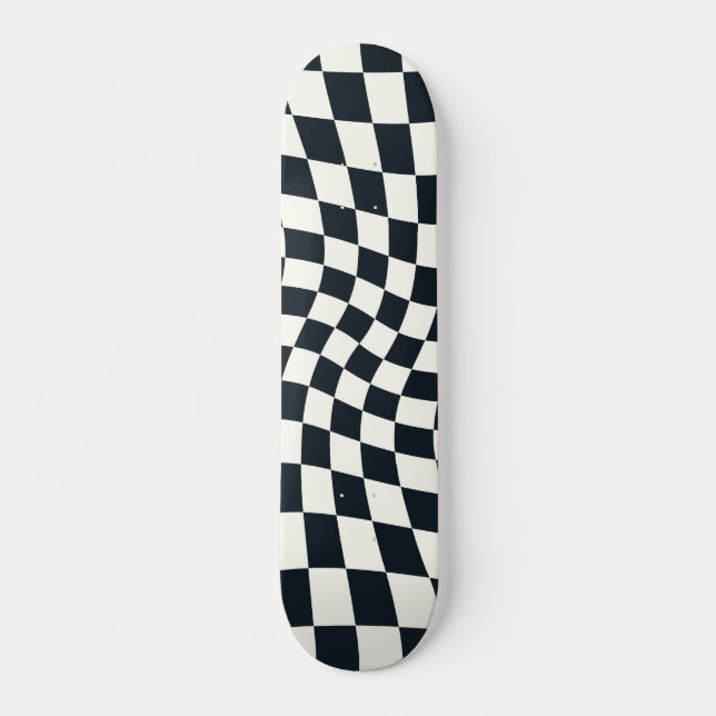 Retro Black And White Pastel Warped Checkerboard Skateboard (Front)