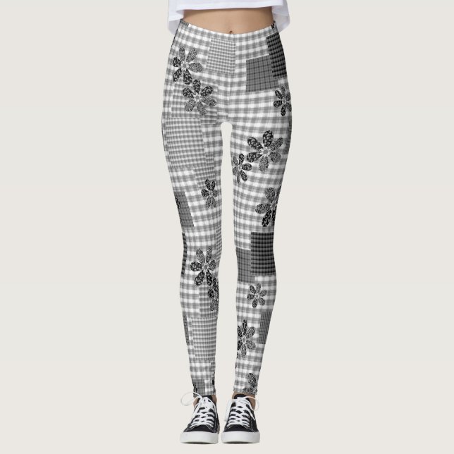 Retro black and white patchwork rustic pattern leggings (Front)