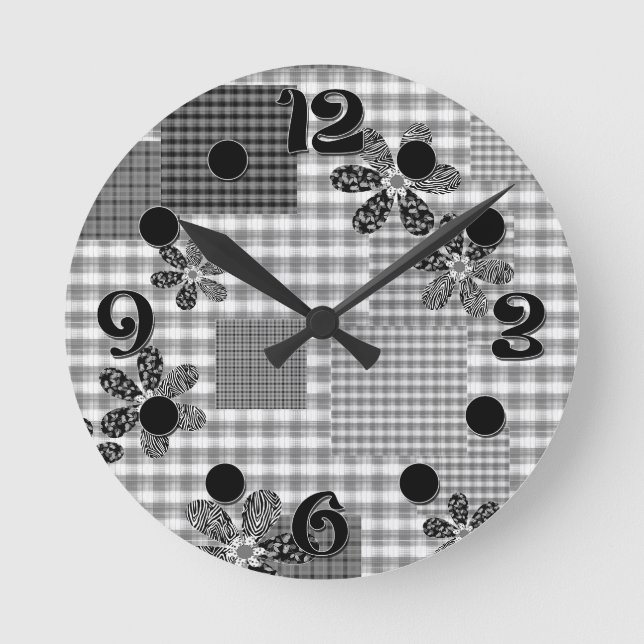 Retro black and white patchwork rustic pattern round clock (Front)