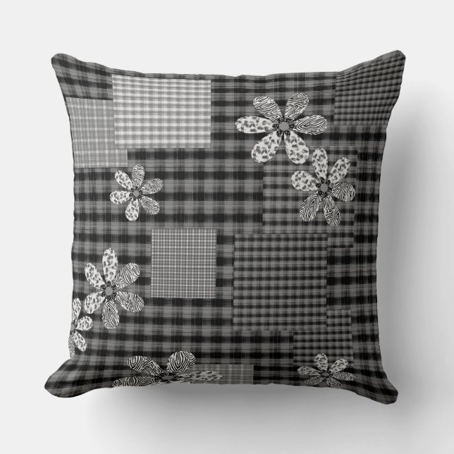 Retro black and white patchwork rustic pattern throw pillow (Front)