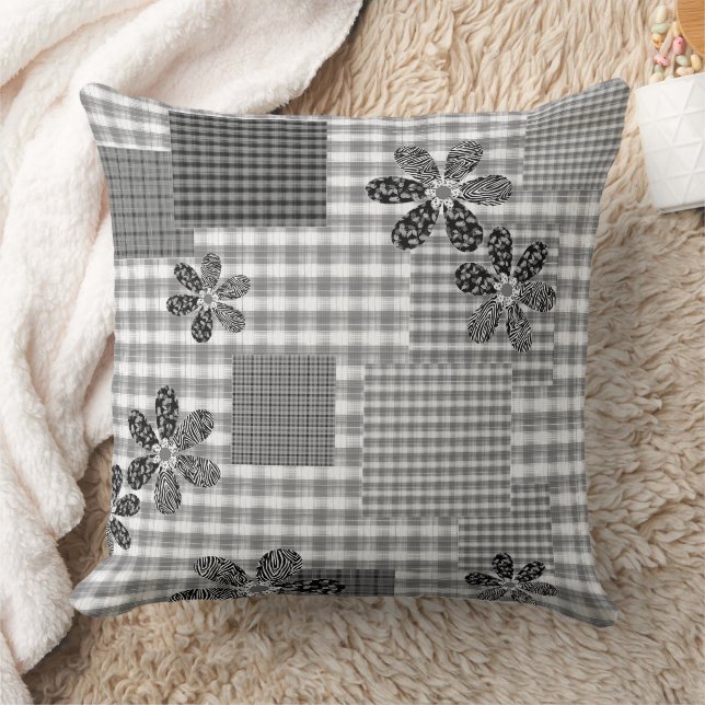 Retro black and white patchwork rustic pattern throw pillow (Blanket)