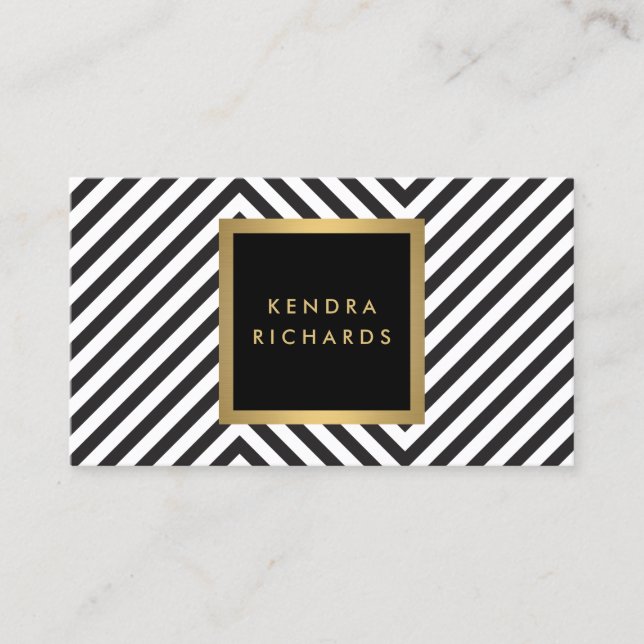 Retro Black and White Pattern Glam Gold Name Logo Business Card (Front)