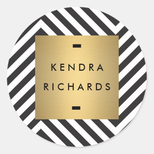 Retro Black and White Pattern Gold Name Logo Classic Round Sticker