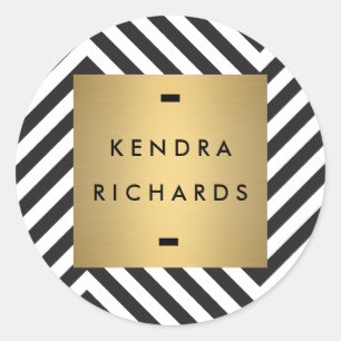 Retro Black and White Pattern Gold Name Logo Classic Round Sticker