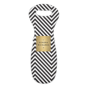 Retro Black and White Pattern Gold Name Logo Wine Bag