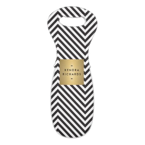 Retro Black and White Pattern Gold Name Logo Wine Bag