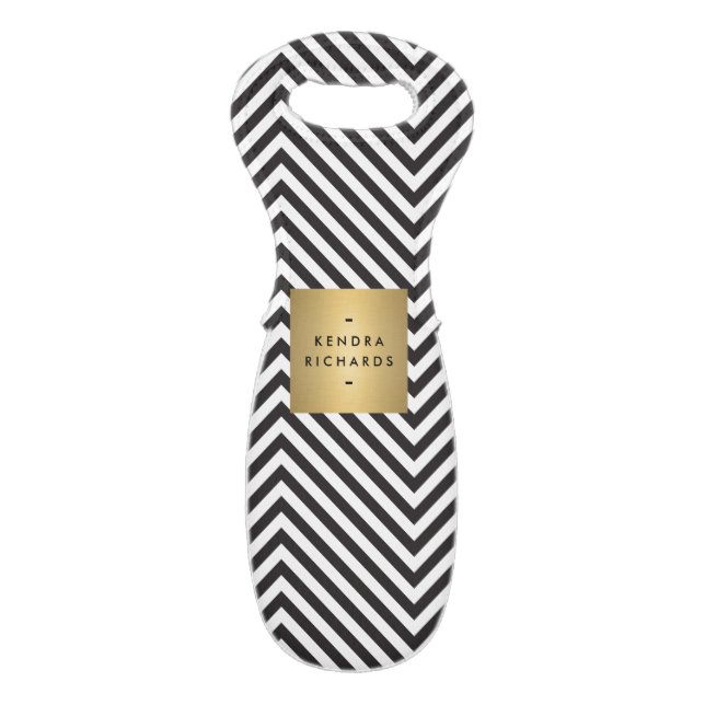 Retro Black and White Pattern Gold Name Logo Wine Bag (Front Flat)