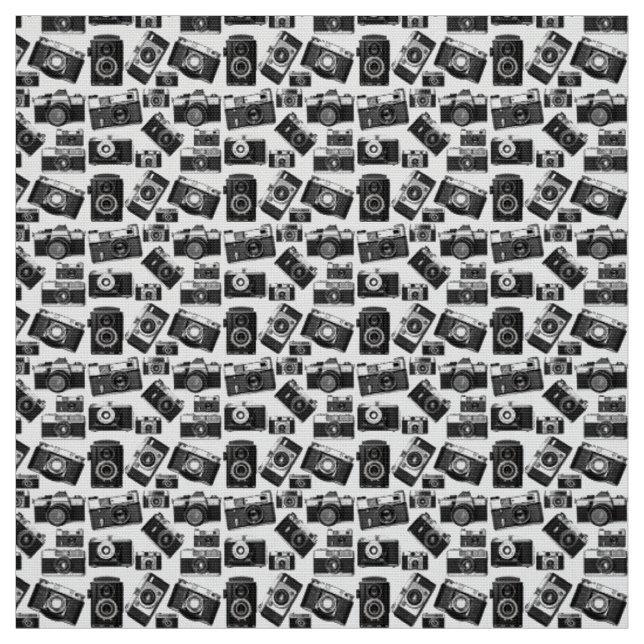 RETRO BLACK AND WHITE PHOTOGRAPHY CAMERAS MOTIF FABRIC (Swatch)