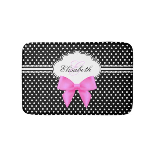 Retro black and white polka dot pink bow monogram bathroom mat
