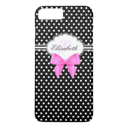 Retro black and white polka dot pink bow monogram iPhone 8 plus7 plus case